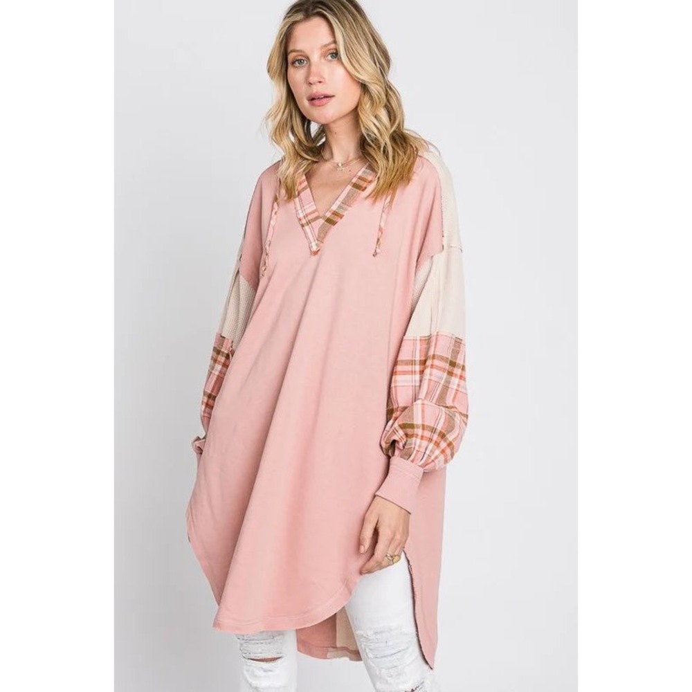 Oli & Hali Pink Plaid Mixed Media Oversized Hoodie Tunic Sweatshirt Small